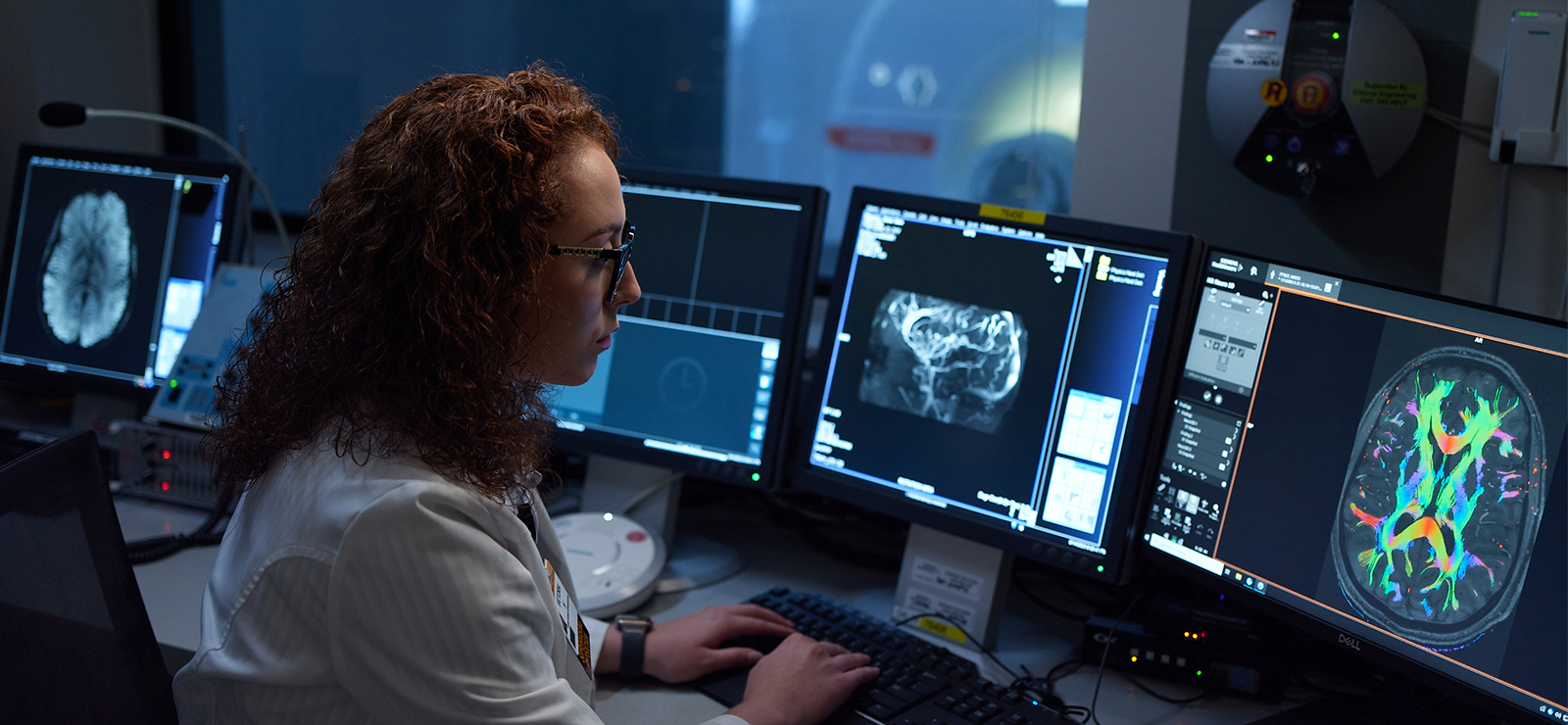 A medical professional looking at a scan on a computer.