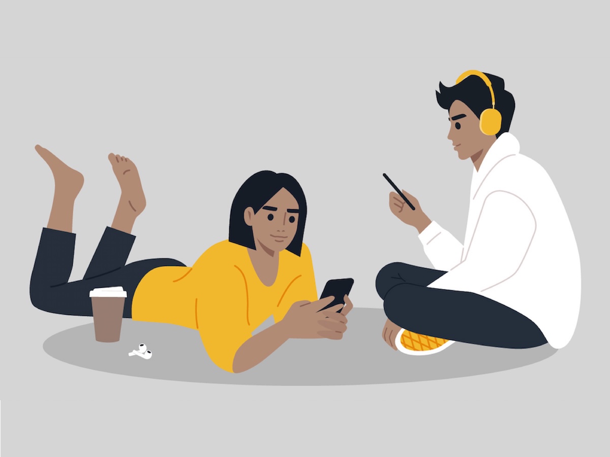 A graphic of two people staring at cellphones.