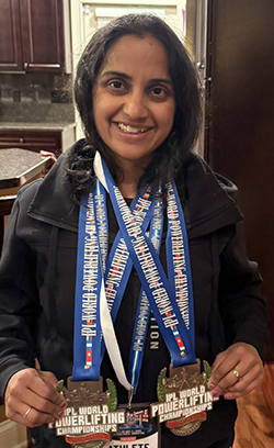 Dr. Komal Ashraf and her medals won at the Powerlifting World Championships in Argentina.