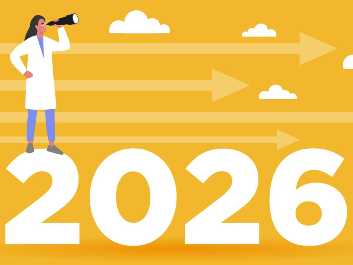Graphic of a physician looking in a telescope, standing on the year 2026.
