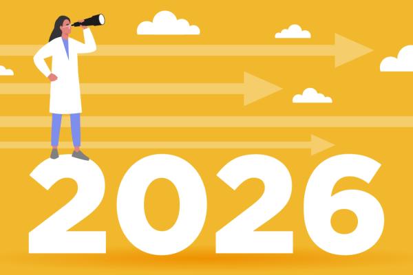 Graphic of a physician looking in a telescope, standing on the year 2026.