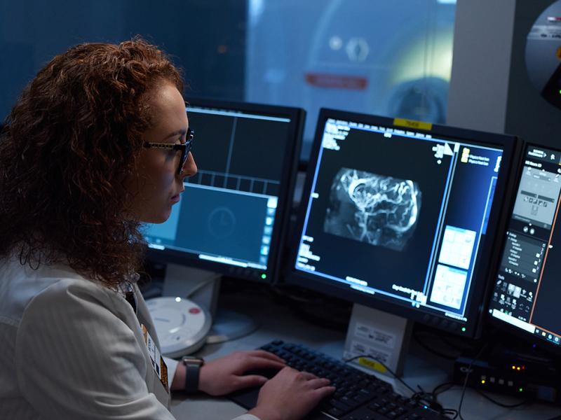 A medical professional looking at a scan on a computer.